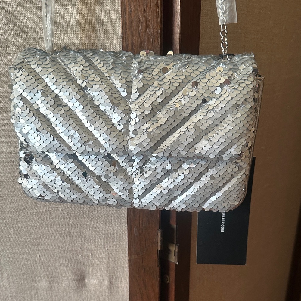 NWT Nicole Miller Silver Sequin Crossbody Shoulder Clutch Bag